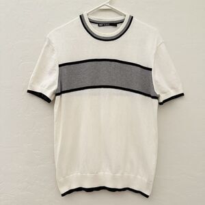 Mr Turk Short Sleeve Knit Sweater White Gray Stripe Crew Neck Men’s S